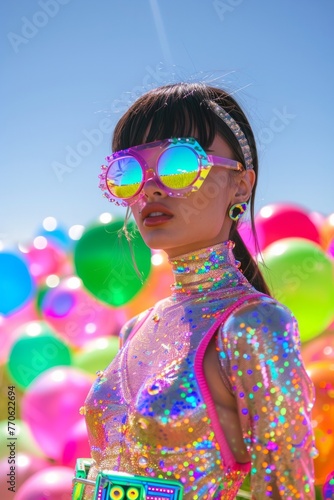 Bright sunlight enhances the sparkles of a woman's outfit, as she stands among vibrant balloons with an inspired pose