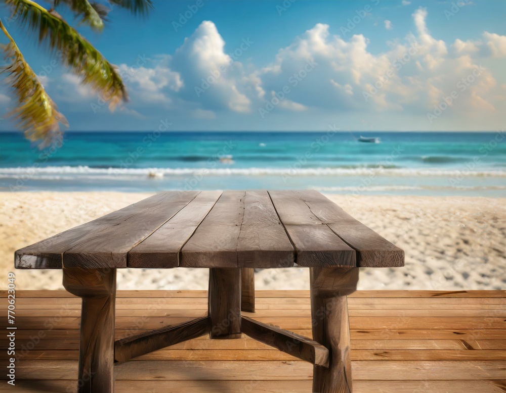 table on the beach, An empty dark wooden table set against a serene beach background, juxtaposing tranquility and rusticity, natural light to enhance the coastal ambiance 