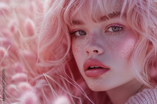 a cute girl with delicate makeup highlighting her pink hair with pink lipstick and a pink fantasy background
