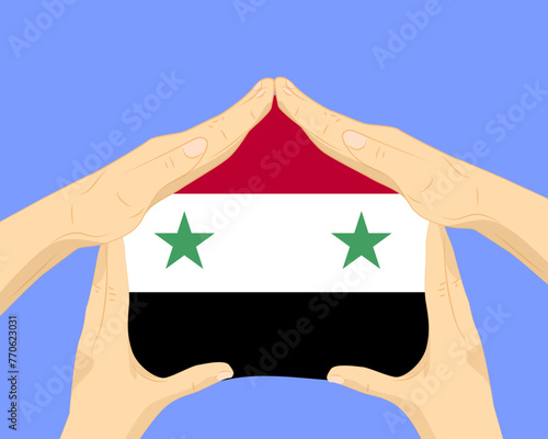 Hand home with Syria flag, residential or investment idea, housing and home concept