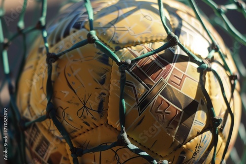 close shot of soccer ball, nets pattern shadowed on it photo