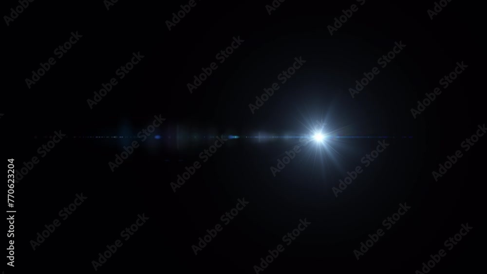 Abstract beautiful flickering white blue optical lens flares shine streaks light animation art moving from left to right side on black background. promote advertising concept isolate using QuickTime A