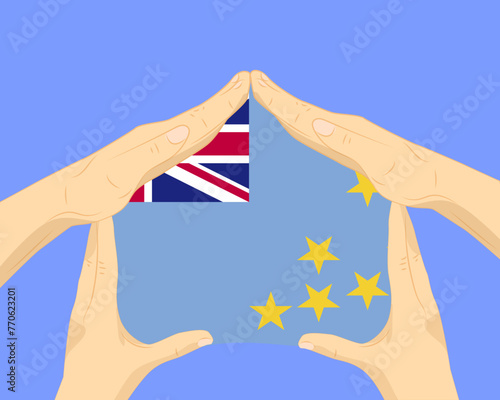 Hand home with Tuvalu flag, residential or investment idea, housing and home concept