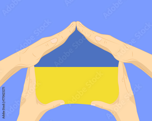 Hand home with Ukraine flag, residential or investment idea, housing and home concept