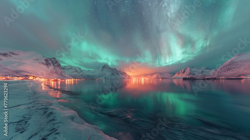 Aurora borealis over the sea, snowy mountains and city lights at night. Northern lights in Lofoten islands, Norway. Starry sky with polar lights. Winter landscape with aurora, reflection,milky way sta