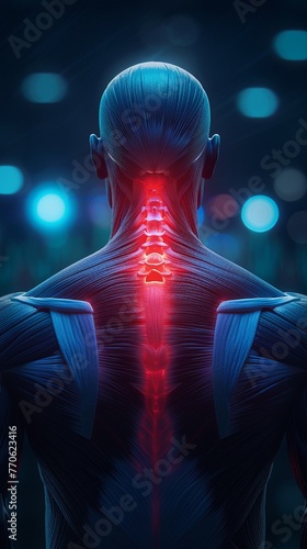 Craft a 3D render depicting rhomboid minor muscle strain, illustrating its involvement in conditions like upper back pain photo