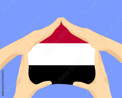 Hand home with Yemen flag, residential or investment idea, housing and home concept