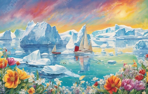 Sailing in the polar sea, the shore is full of colorful flowers. Oil painting style. Express the beautiful spring concept. AI generation.