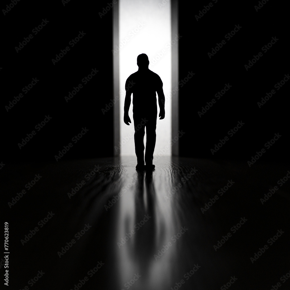 Man getting out of dark room trough bright doorway - obrazy, fototapety, plakaty 