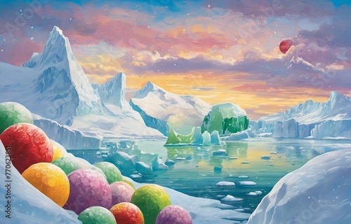 Colorful balls of ice cream on the shore of the polar ocean. Oil painting style. AI generation.