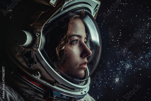 A woman in a space suit is looking out into space. The image has a sense of wonder and adventure, as if the woman is exploring the unknown