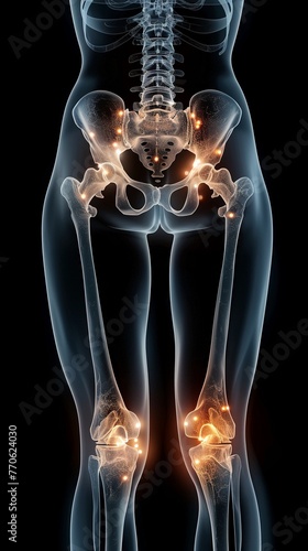 Create an X-ray illustration of stiff and painful hips, showing the limitations in movement and strain on joints