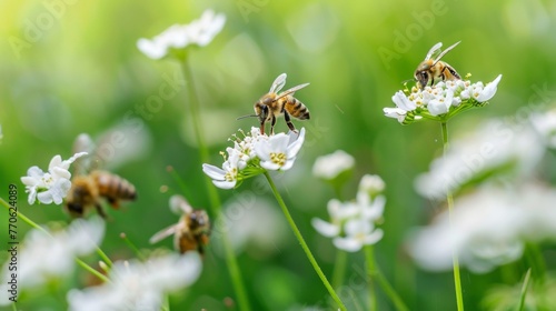  garden scene, bees collecting nectar in flowers, sabattier filter, clean background, green grass © Denis