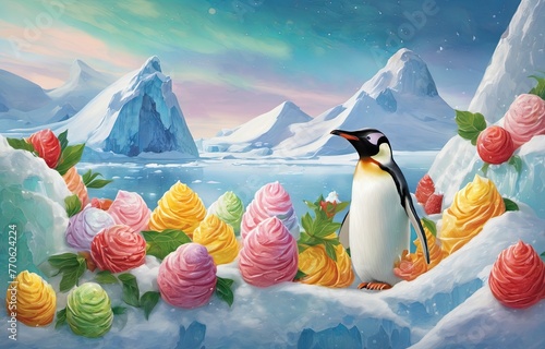 A penguin and many colorful ice creams taking a photo in the icy and snowy sky. AI generated.