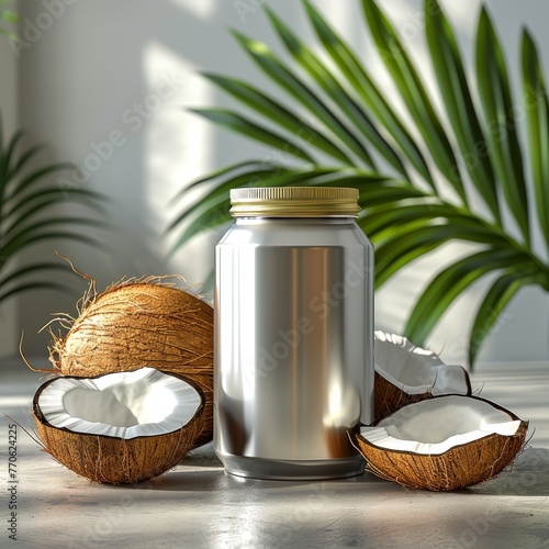 Mockup can for coconut liquid products, with coconuts and palm tree leaf aside, on white background