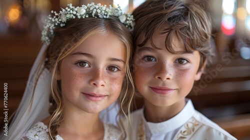 little girl and little boy with first communion dress on church