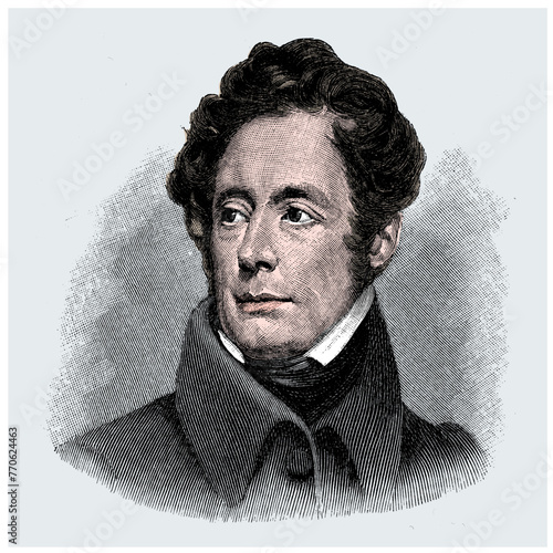vectored and colored old engraving of famous Alphonse de Lamartine, French poet, writer and politician, engraving is from 19th century