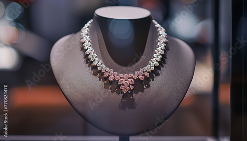 Closeup shot of an expensive diamond necklace on display - illustrating the grandeur of precious jewelry and immense wealth wide