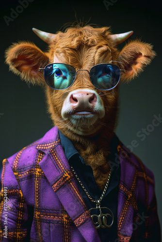 cute cow in purple suit black shirt, blue sunglasses, fuzzy, cinema-quality composition, cinema