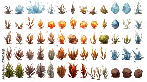 Isometric Game Design Elements Representing Ice, Fire, Water, and Earth © Miva