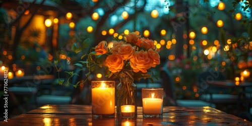 sitting outdoors, candles and flowers create a romantic dining environment 