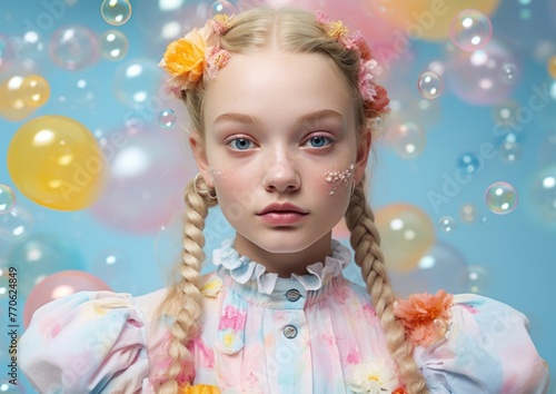 Blonde girl with braids, pastel outfit, and whimsical bubble background