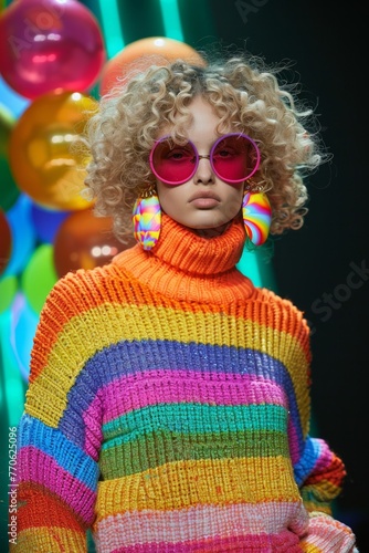 Model poses with curly hair, colorful striped sweater, and trendy sunglasses against a balloon background