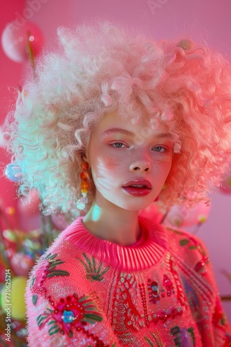 Close-up portrait of a model with curly hair and sparkling makeup in a red-hued setting with dreamy look