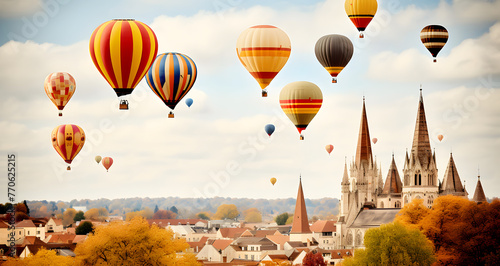 many colorful hot air balloons flying over a town