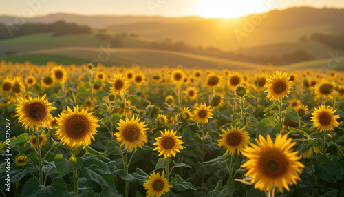 field of sunflowers in the sunset