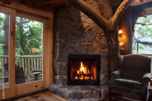 stone fireplace in a cozy treehouse living room
