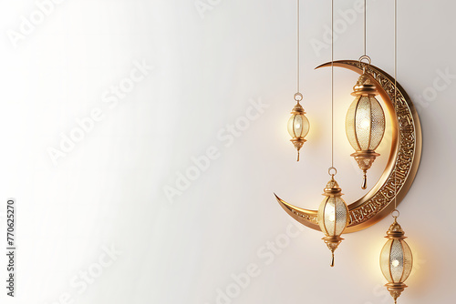 Golden crescent moon with a lantern on a clean background, symbolizing Ramadan and Islamic Day celebrations. Generative ai
