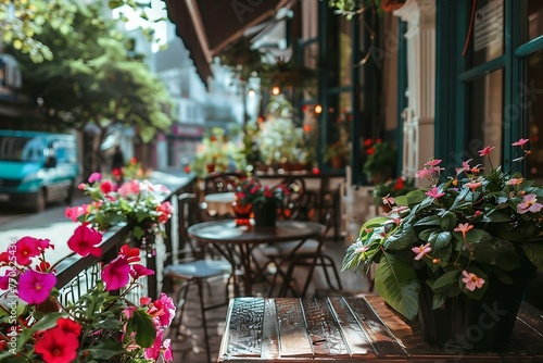 Street veranda of a cafe decorated with flowers on a city street  morning and sunlight. City life. Generated ai