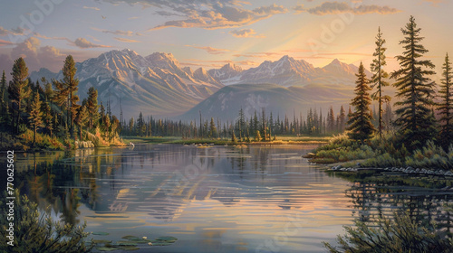 The tranquil waters of the Bow River mirror the rugged beauty of the Rocky Mountains, creating a scene of serene perfection under the soft glow of twilight. 32K.