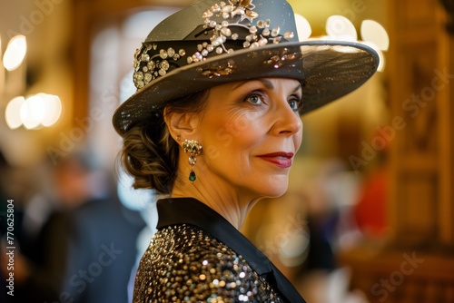 elegant lady with a hat fitting an embellished cocktail hat for an event photo