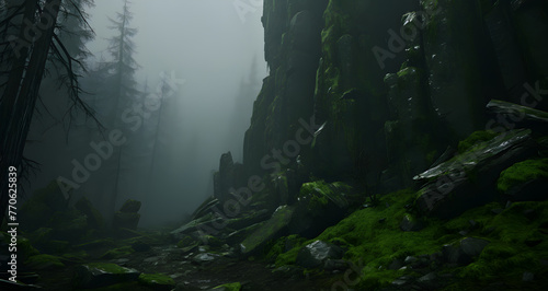 the forest in a foggy mountain area