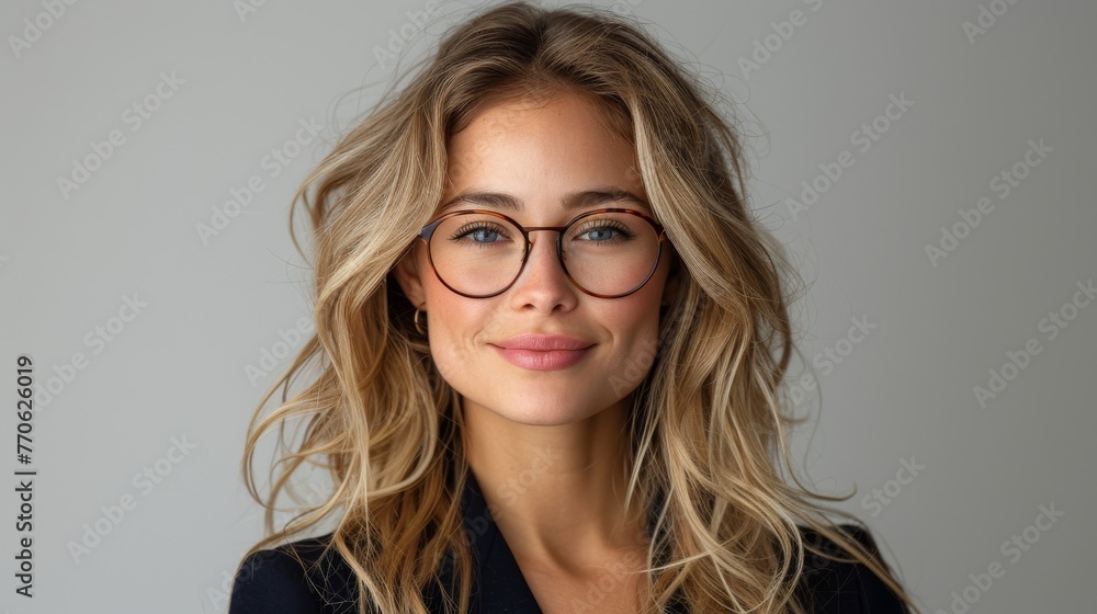 beautiful blonde business woman, she looks like a luxury top manager with glasses, she stands on a white background, wearing in a oversized, fashion dark business suite jacket beautiful blonde business woman, she looks like a luxury top manager with glasses, she stands on a white background, wearing in a oversized, fashion dark business suite jacket