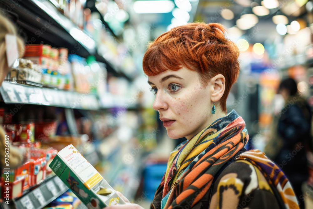 Portrait of a young red-haired woman in a supermarket.
