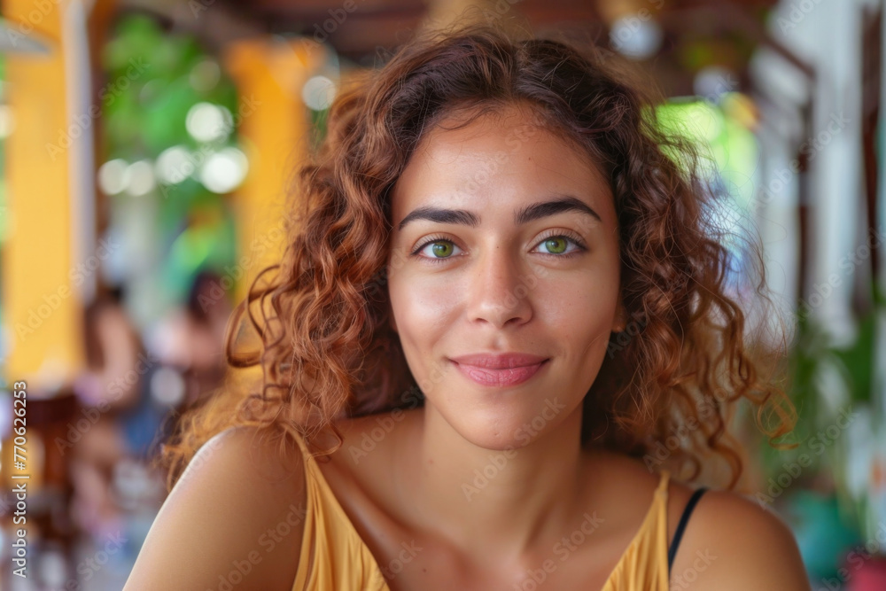 Portrait of a young beautiful woman with curly hair in a cafe
Portrait of a young beautiful woman with curly hair in a cafe