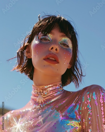 The woman in sparkling attire poses against vibrant blue sky, a perfect blend of high fashion and bright, clear day