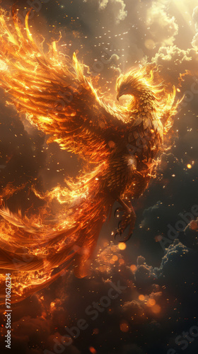 The phoenix was wearing armor, shining with a golden light photo