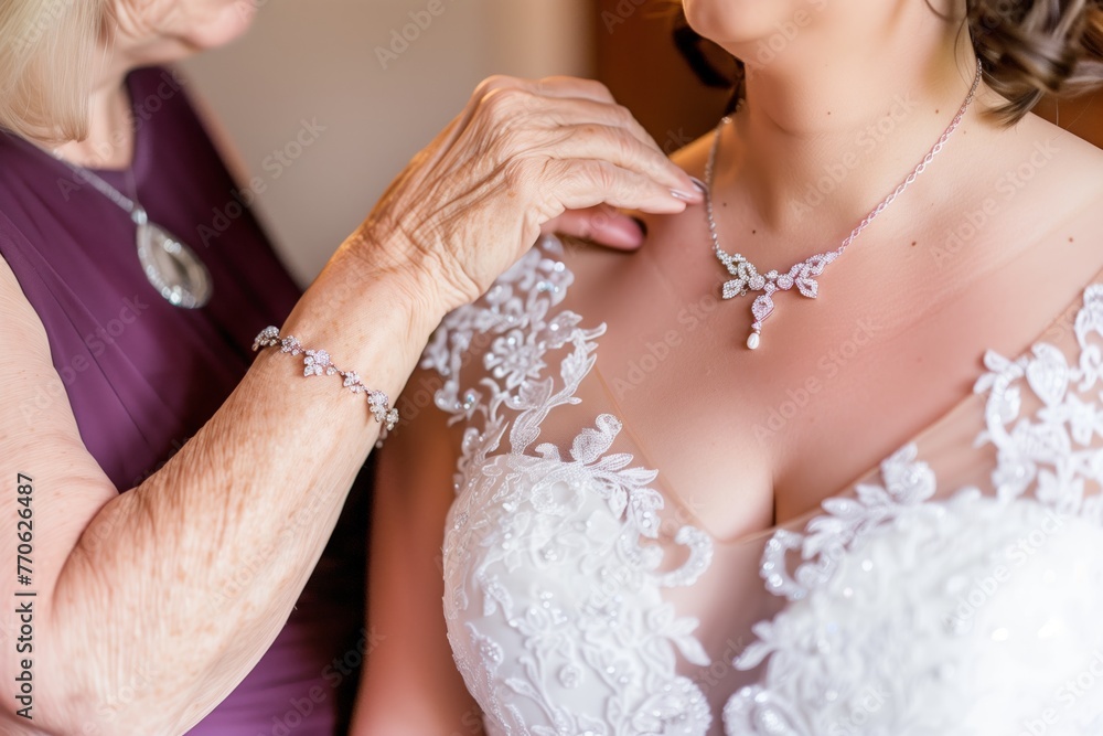 mother placing heirloom necklace on brides neck