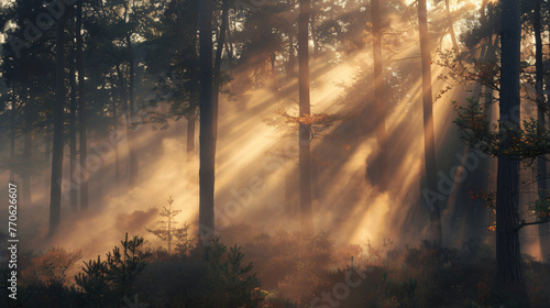 A mysterious foggy forest at dawn with rays of light filtering through the mist and trees.