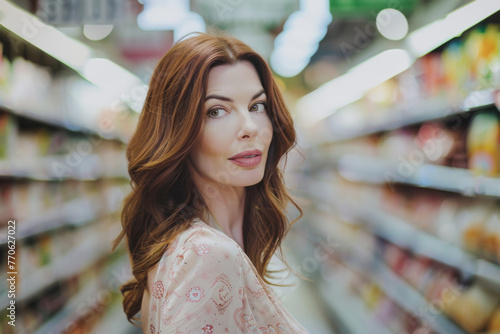 Portrait of a beautiful woman with long red hair in the supermarket 