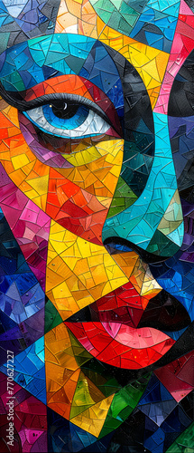 Colorful abstract background with woman s face. Multicolored mosaic.