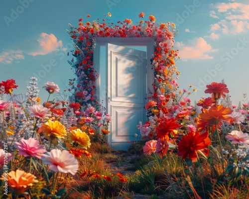Enchantment awaits beyond a white door amidst a field of lively flowers, hinting at magical realms beyond