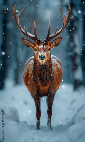 Winter wildlife, deer in snowy forest
