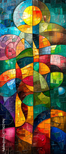 Colorful stained-glass window with abstract geometric pattern.