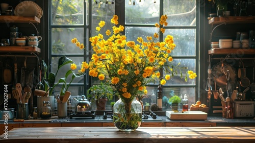mimosa tree with yellow flowers in vase on table in the kitchen