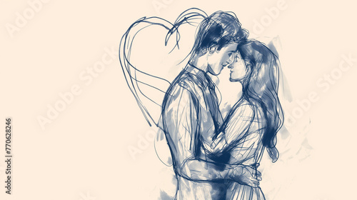 Esboço de desenho de um casal apaixonado se beijando  photo